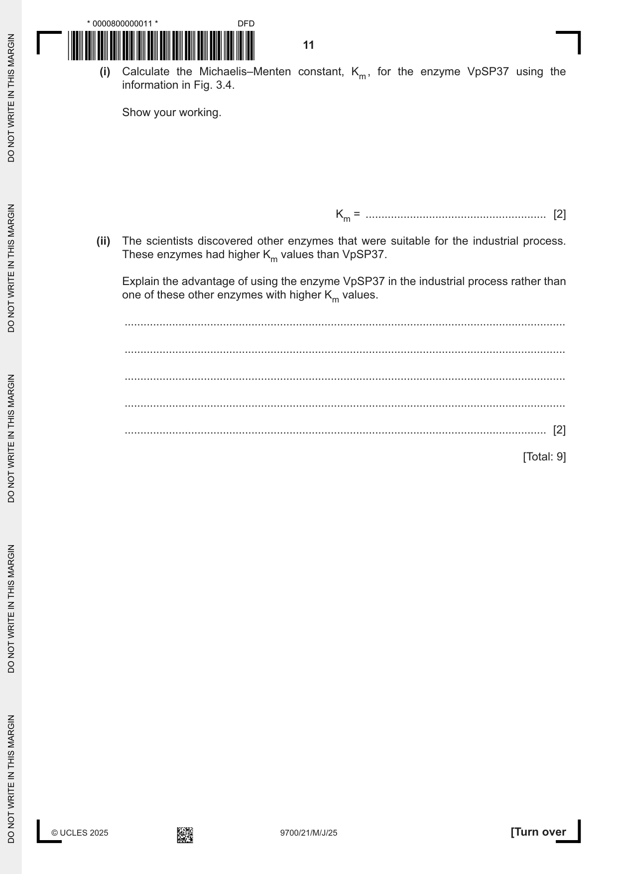 Cambridge A Level Biology 9700 2025 May/June Paper 2 · Variant 1 question paper, page 11 of 20