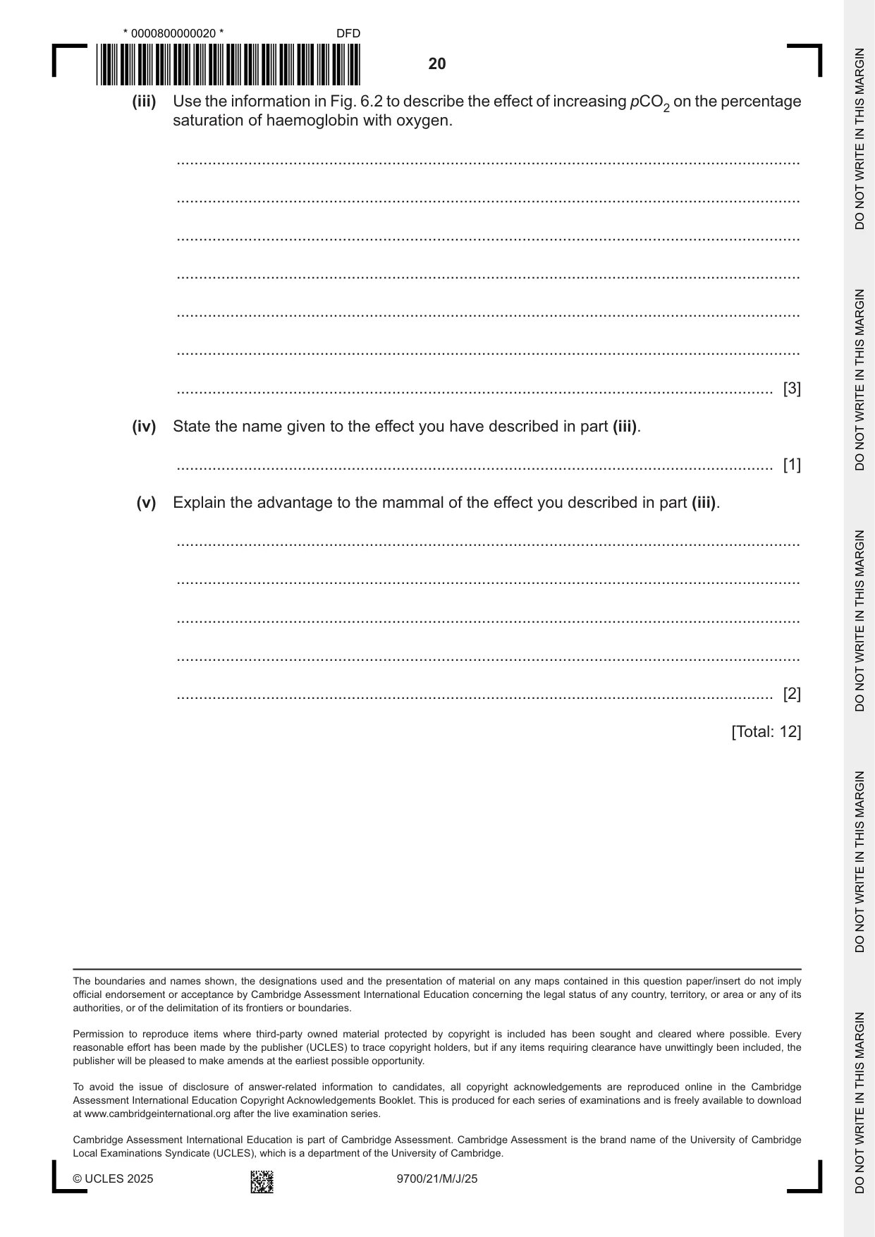 Cambridge A Level Biology 9700 2025 May/June Paper 2 · Variant 1 question paper, page 20 of 20