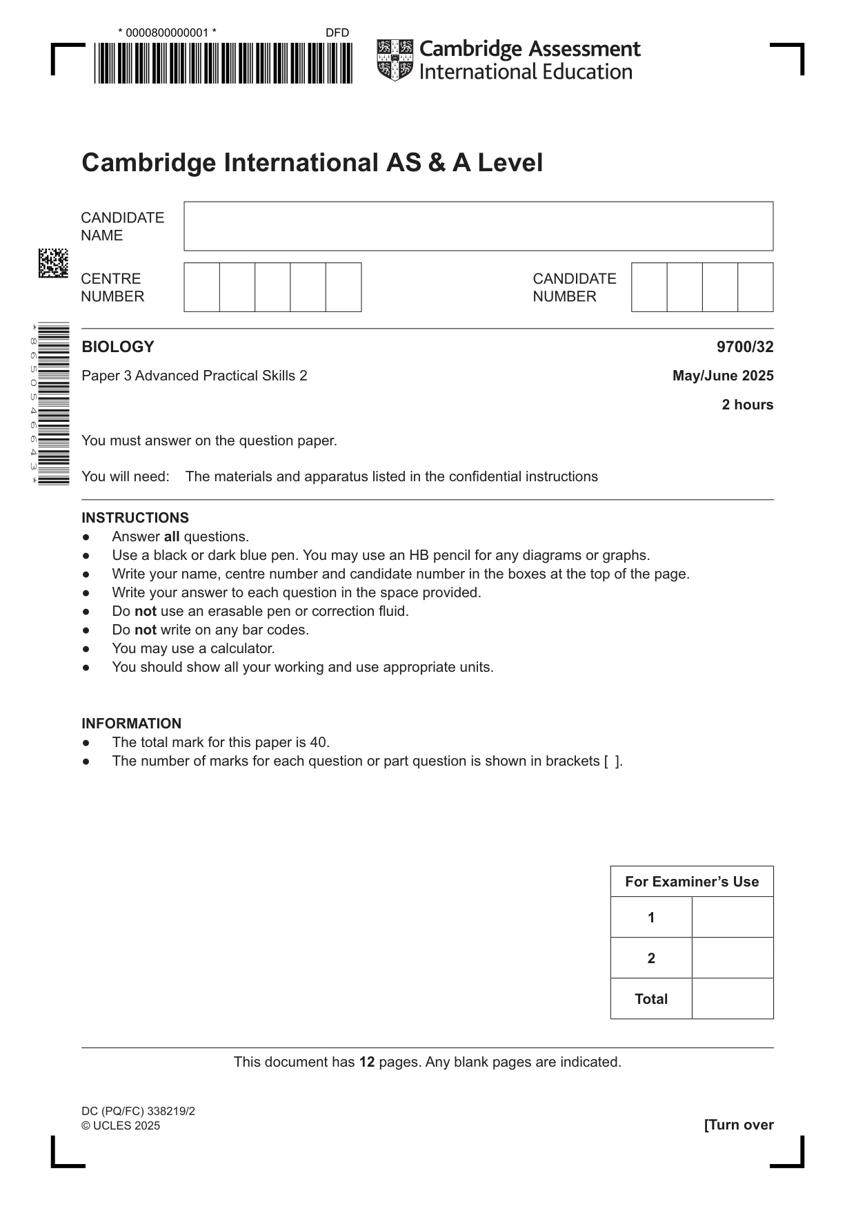 Cambridge A Level Biology 9700 2025 May/June Paper 3 · Variant 2 question paper, page 1 of 12