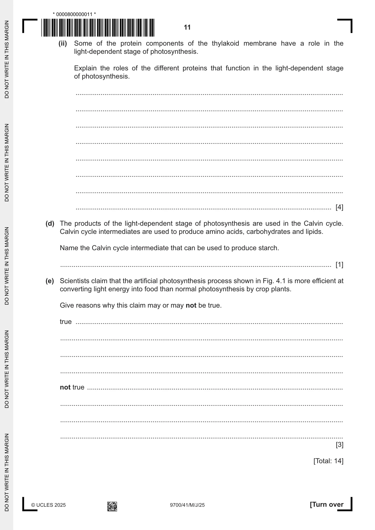 Cambridge A Level Biology 9700 2025 May/June Paper 4 · Variant 1 question paper, page 11 of 24
