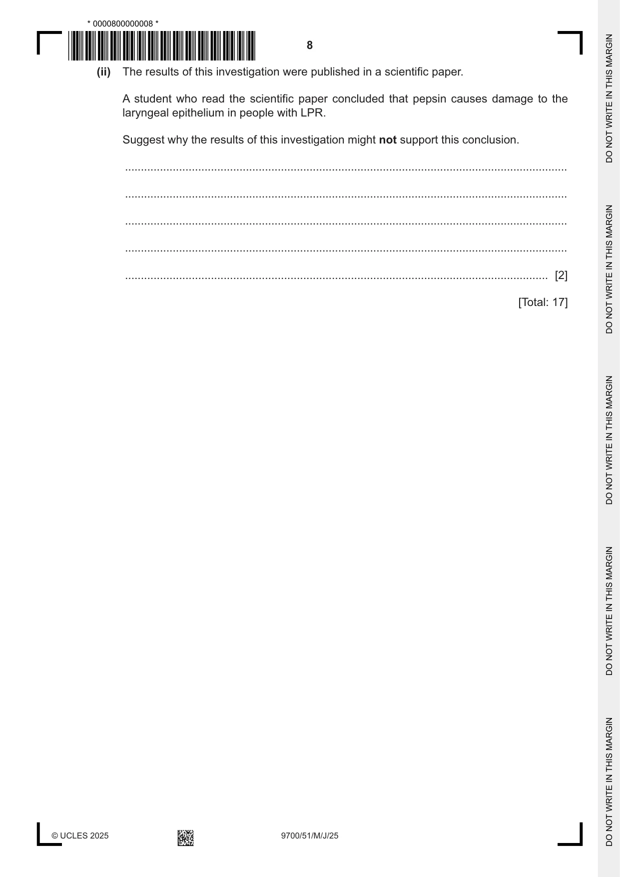 Cambridge A Level Biology 9700 2025 May/June Paper 5 · Variant 1 question paper, page 8 of 16