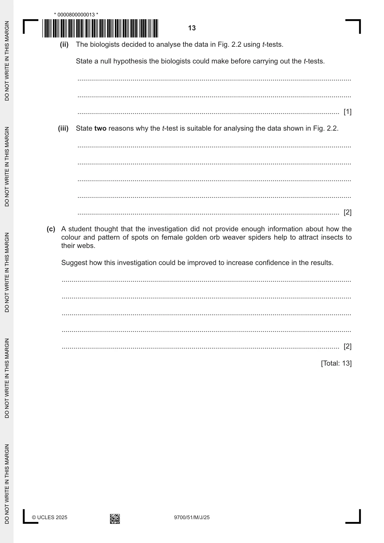 Cambridge A Level Biology 9700 2025 May/June Paper 5 · Variant 1 question paper, page 13 of 16