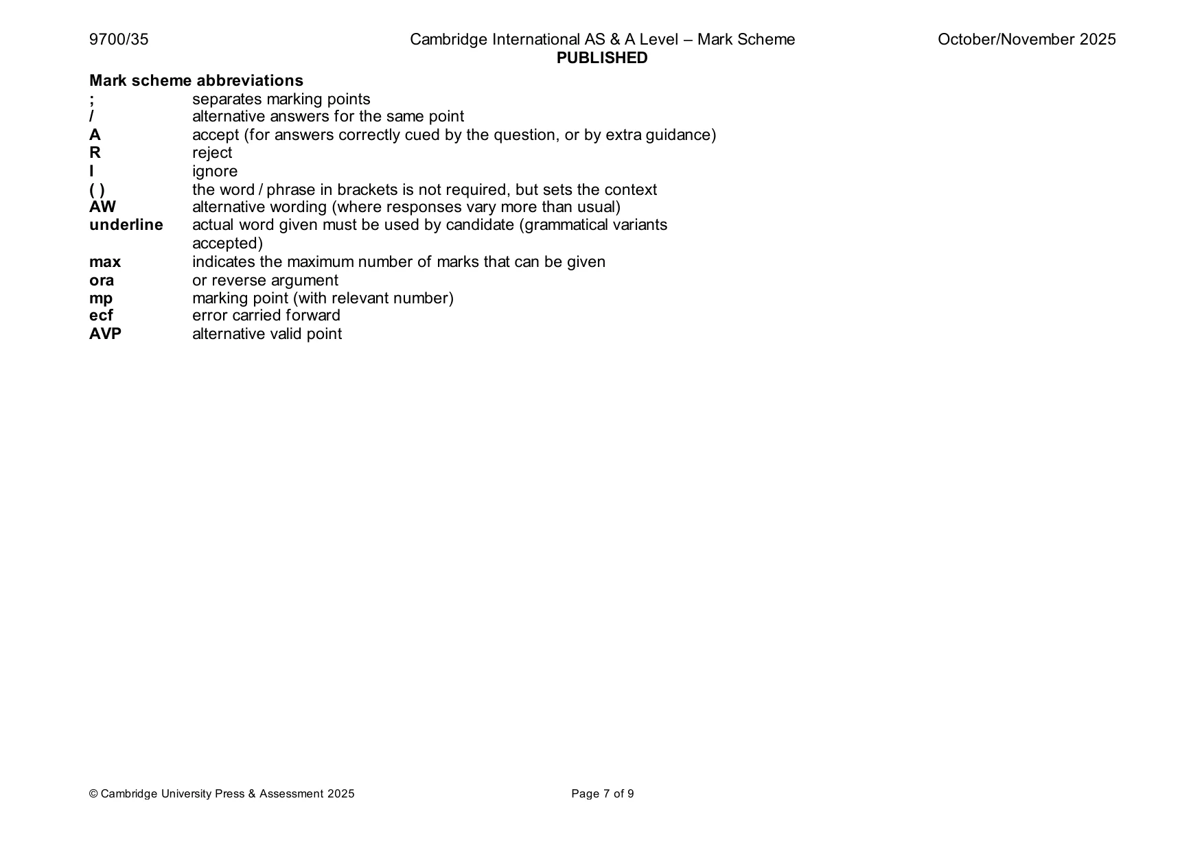 Mark scheme, page 7 of 9