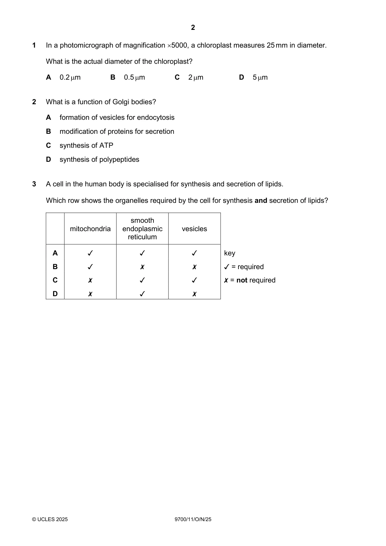 Cambridge A Level Biology 9700 2025 Oct/Nov Paper 1 · Variant 1 question paper, page 2 of 20