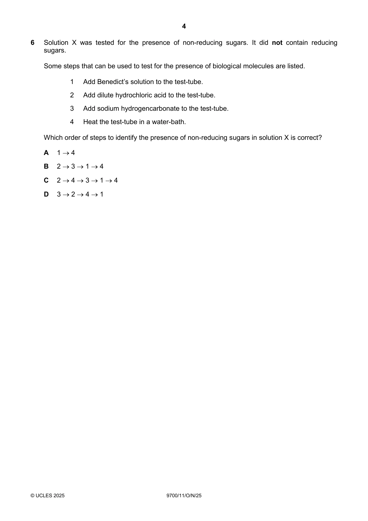 Cambridge A Level Biology 9700 2025 Oct/Nov Paper 1 · Variant 1 question paper, page 4 of 20