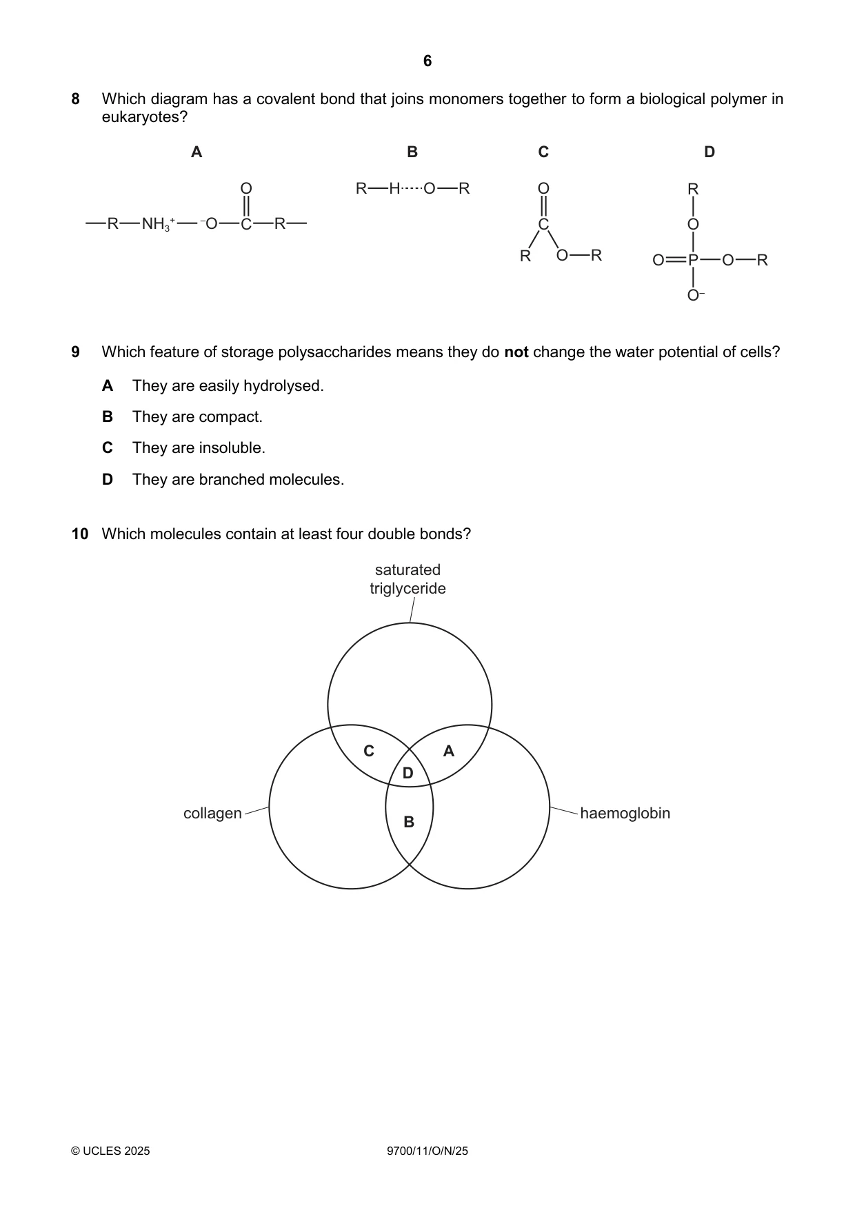 Cambridge A Level Biology 9700 2025 Oct/Nov Paper 1 · Variant 1 question paper, page 6 of 20