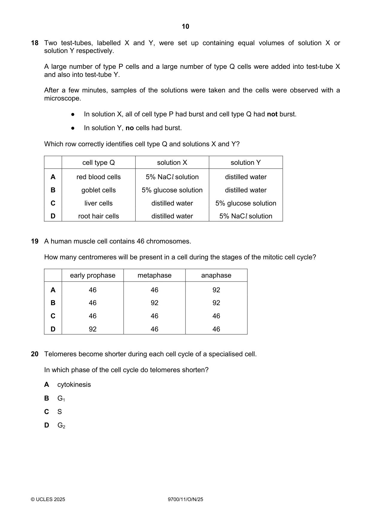 Cambridge A Level Biology 9700 2025 Oct/Nov Paper 1 · Variant 1 question paper, page 10 of 20
