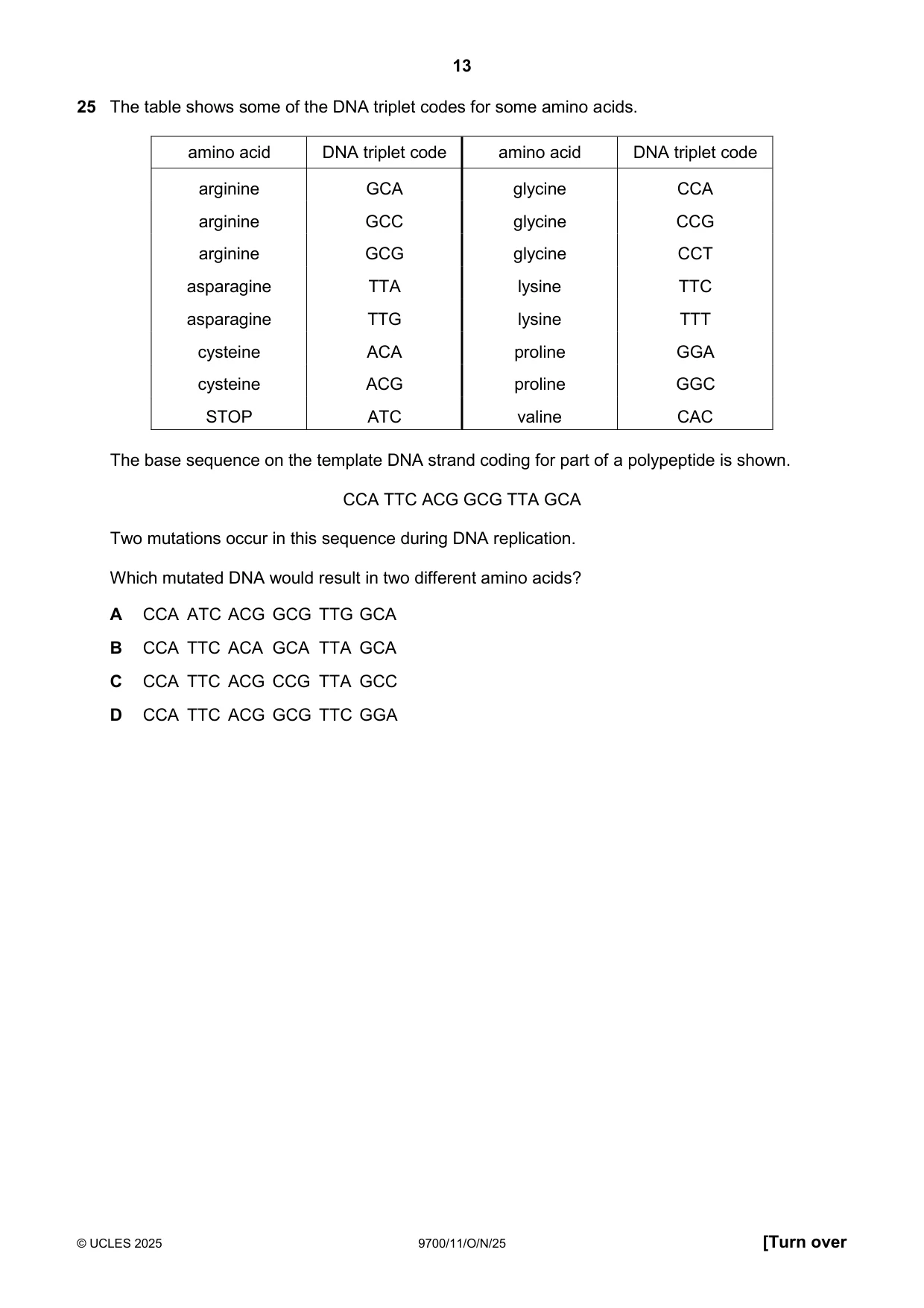 Cambridge A Level Biology 9700 2025 Oct/Nov Paper 1 · Variant 1 question paper, page 13 of 20
