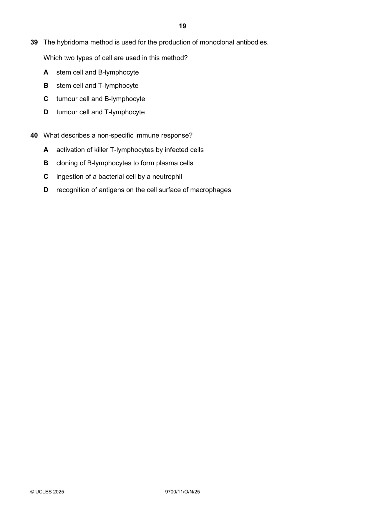 Cambridge A Level Biology 9700 2025 Oct/Nov Paper 1 · Variant 1 question paper, page 19 of 20
