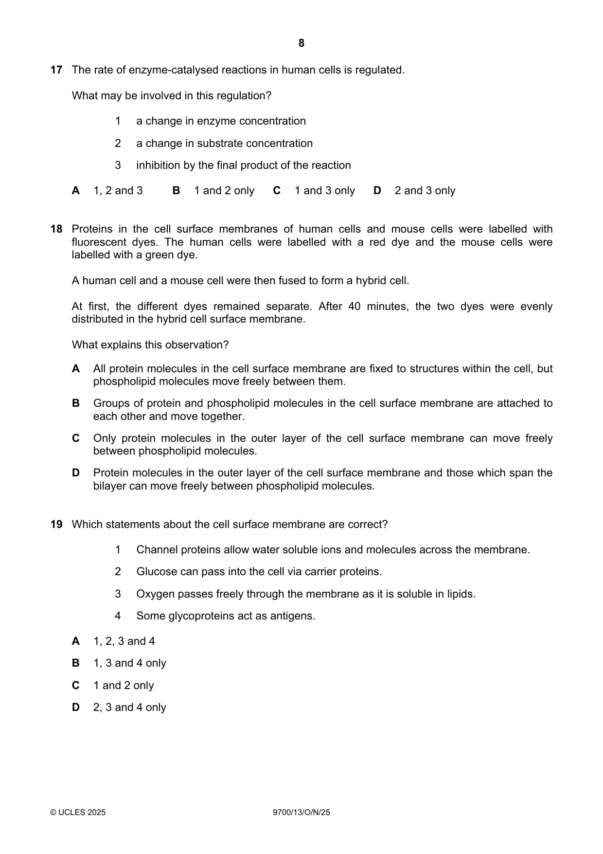 Cambridge A Level Biology 9700 2025 Oct/Nov Paper 1 · Variant 3 question paper, page 8 of 20