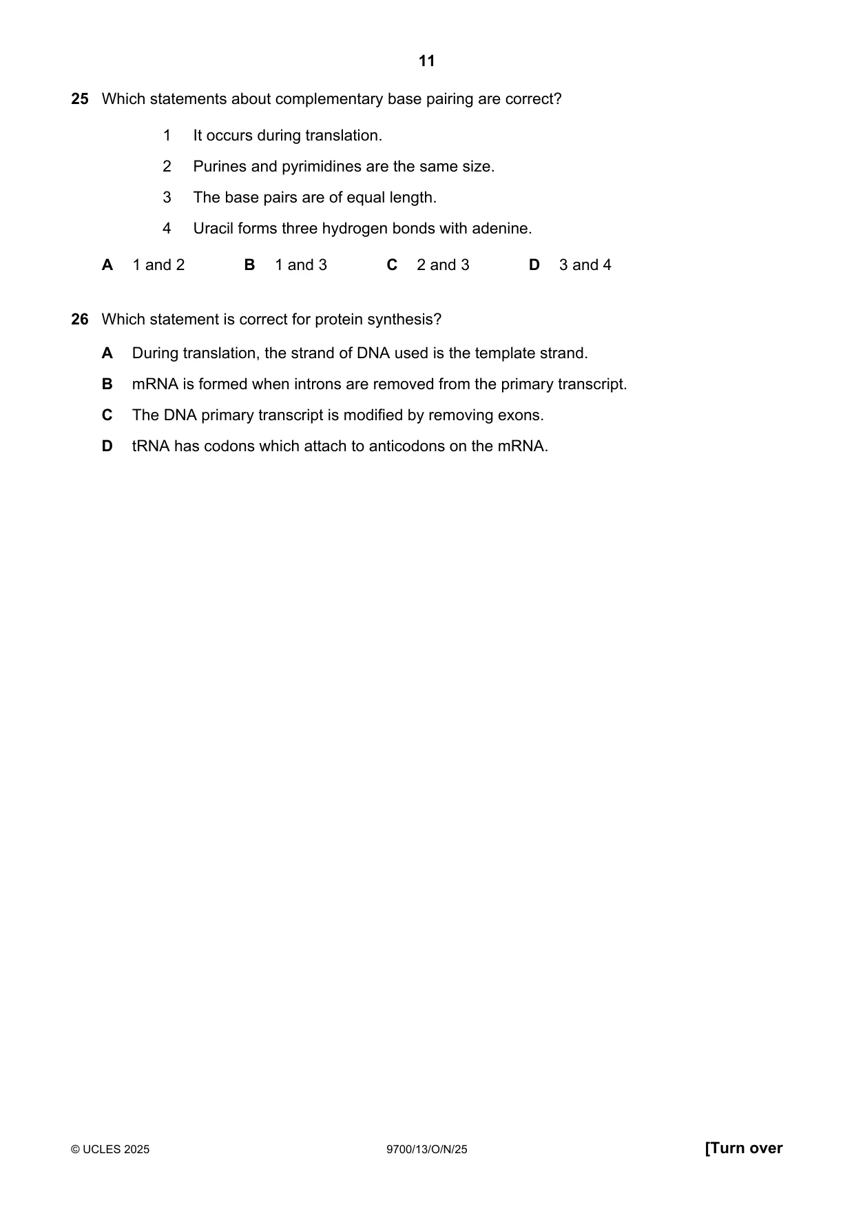 Cambridge A Level Biology 9700 2025 Oct/Nov Paper 1 · Variant 3 question paper, page 11 of 20