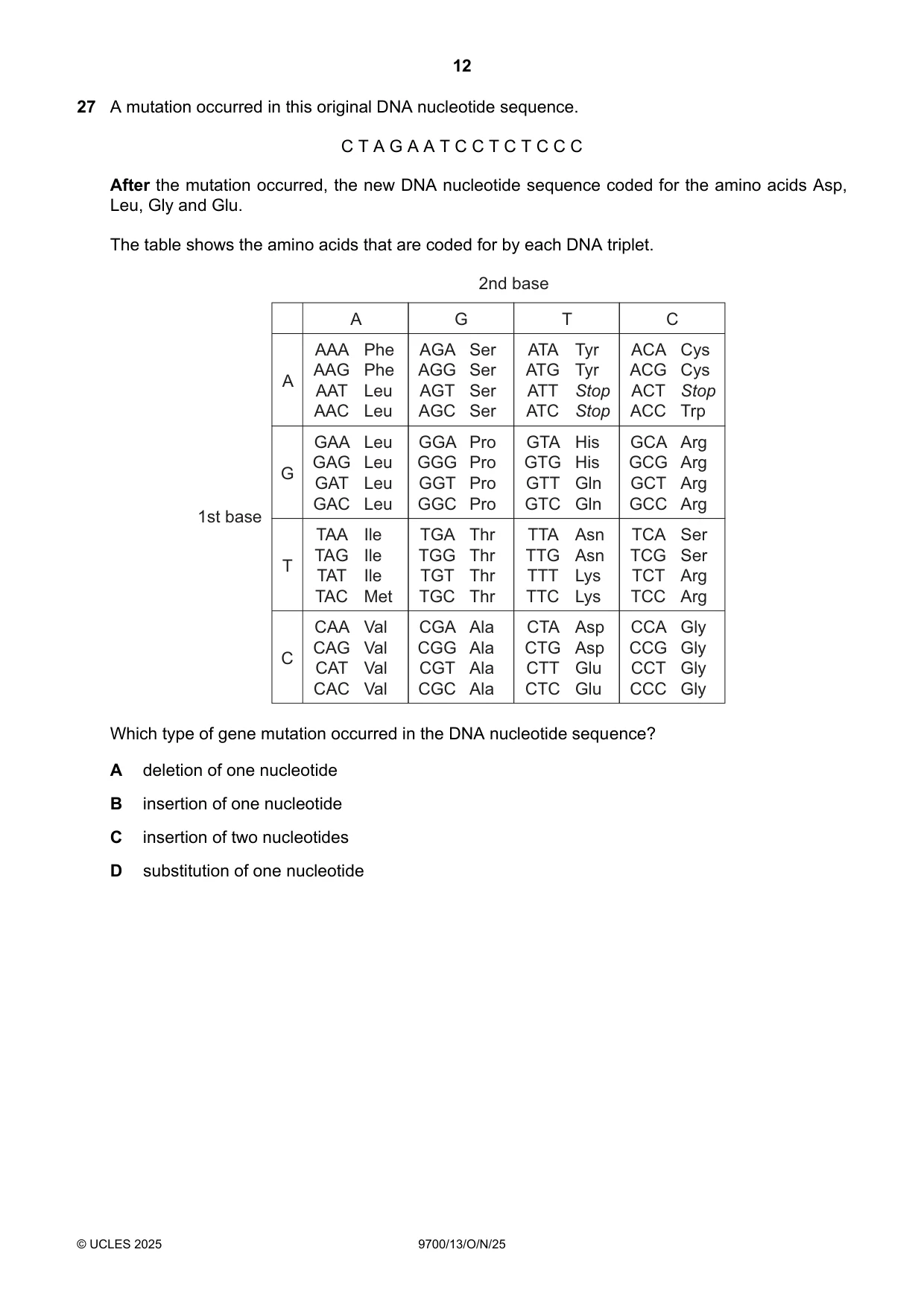 Cambridge A Level Biology 9700 2025 Oct/Nov Paper 1 · Variant 3 question paper, page 12 of 20