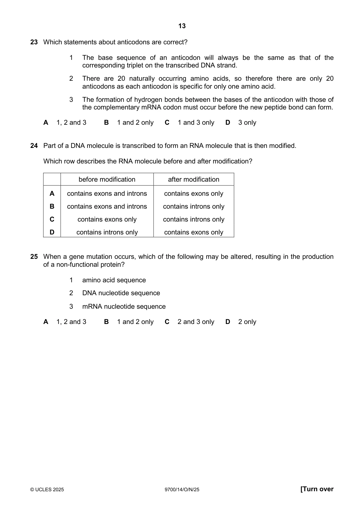 Cambridge A Level Biology 9700 2025 Oct/Nov Paper 1 · Variant 4 question paper, page 13 of 20