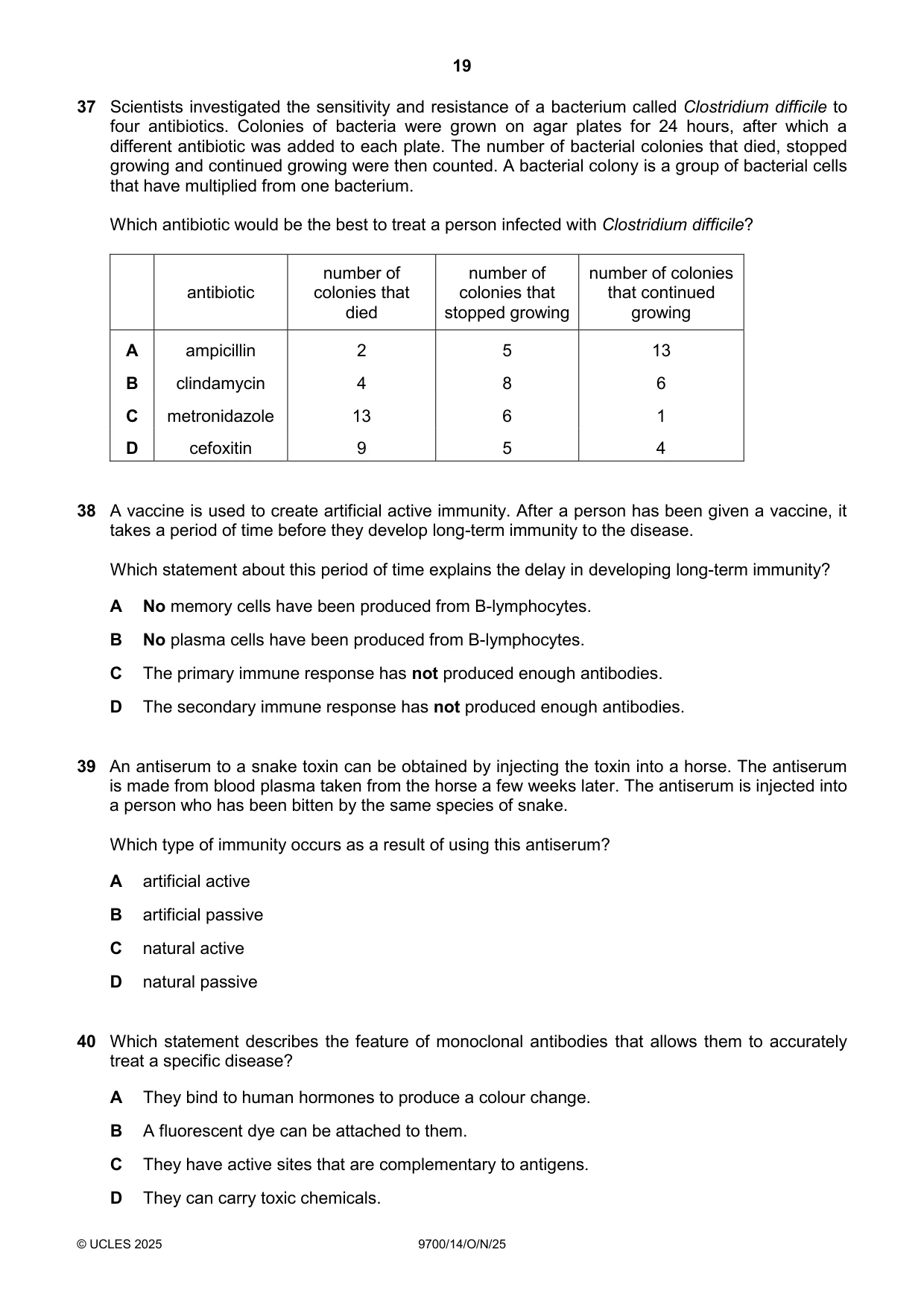 Cambridge A Level Biology 9700 2025 Oct/Nov Paper 1 · Variant 4 question paper, page 19 of 20
