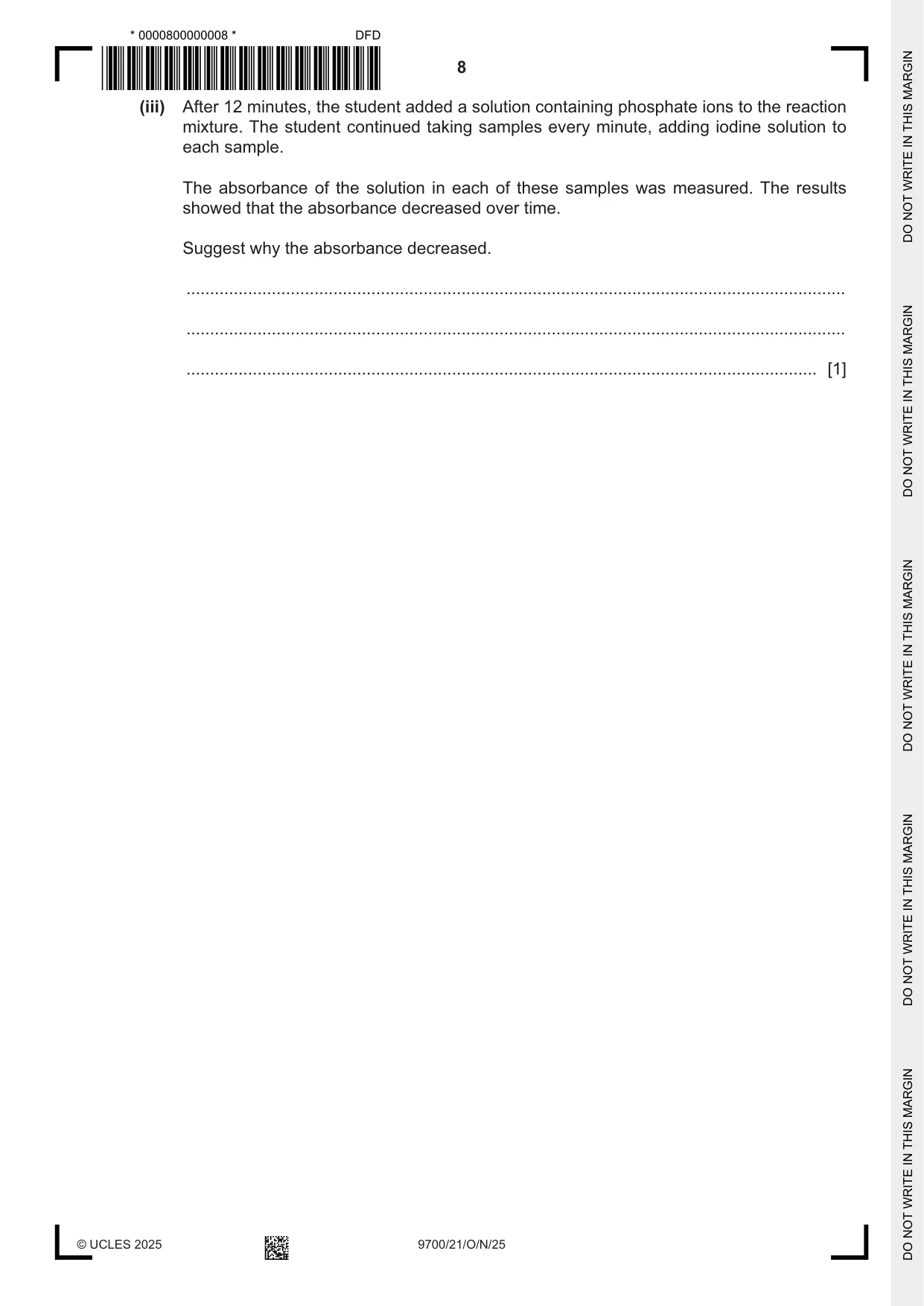 Cambridge A Level Biology 9700 2025 Oct/Nov Paper 2 · Variant 1 question paper, page 8 of 20