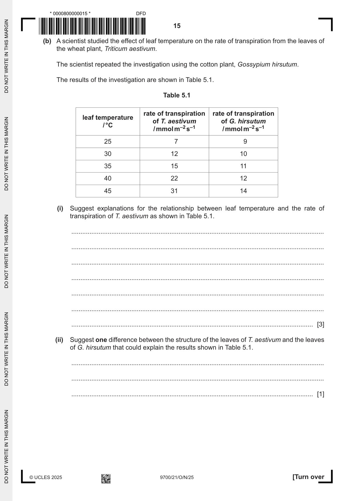 Cambridge A Level Biology 9700 2025 Oct/Nov Paper 2 · Variant 1 question paper, page 15 of 20
