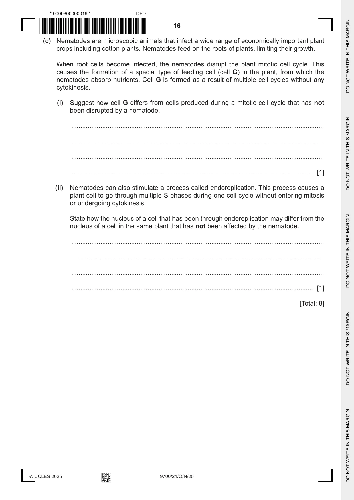 Cambridge A Level Biology 9700 2025 Oct/Nov Paper 2 · Variant 1 question paper, page 16 of 20