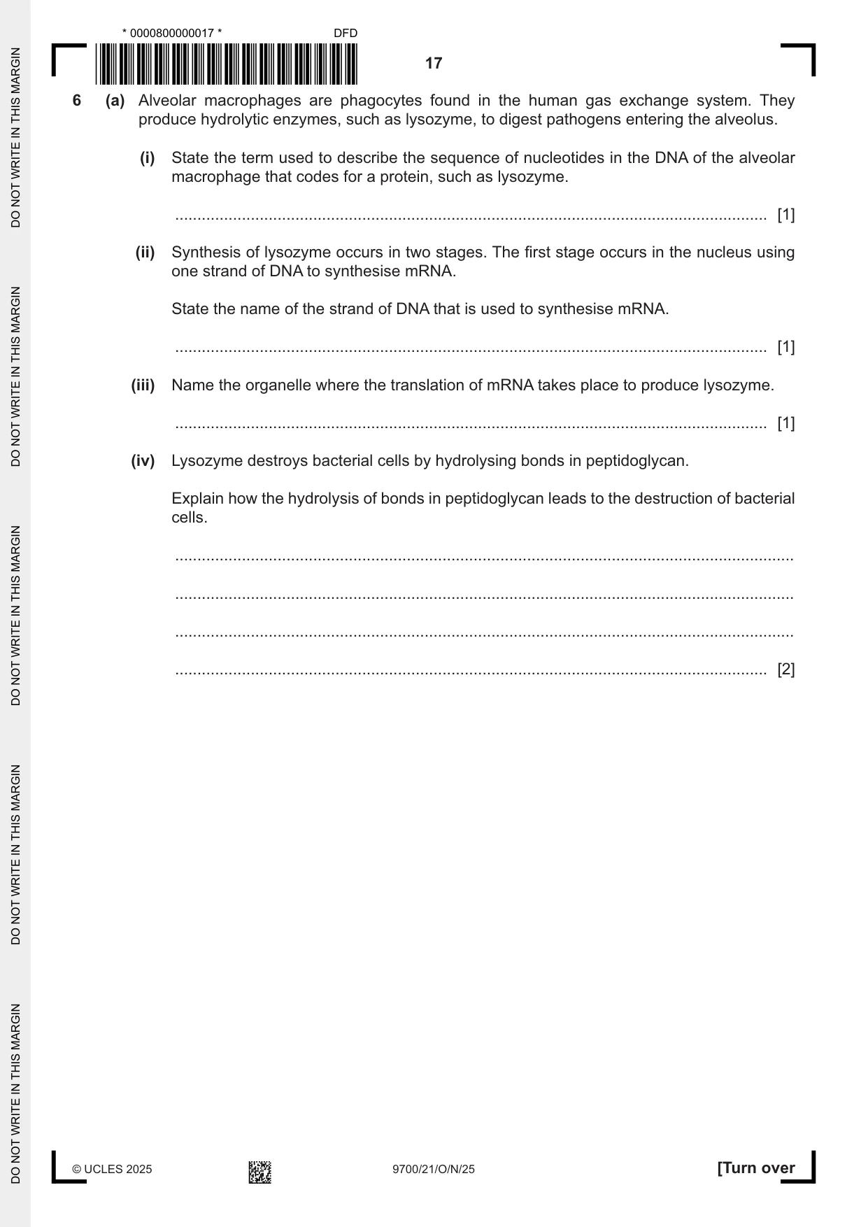 Cambridge A Level Biology 9700 2025 Oct/Nov Paper 2 · Variant 1 question paper, page 17 of 20