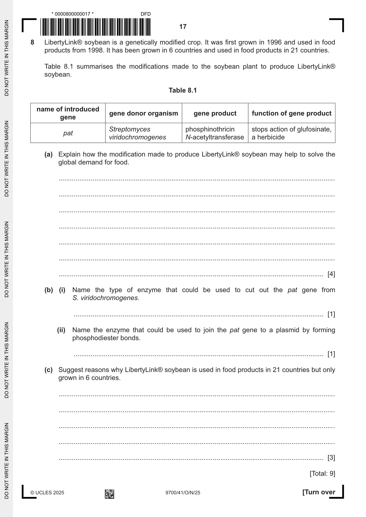 Cambridge A Level Biology 9700 2025 Oct/Nov Paper 4 · Variant 1 question paper, page 17 of 20