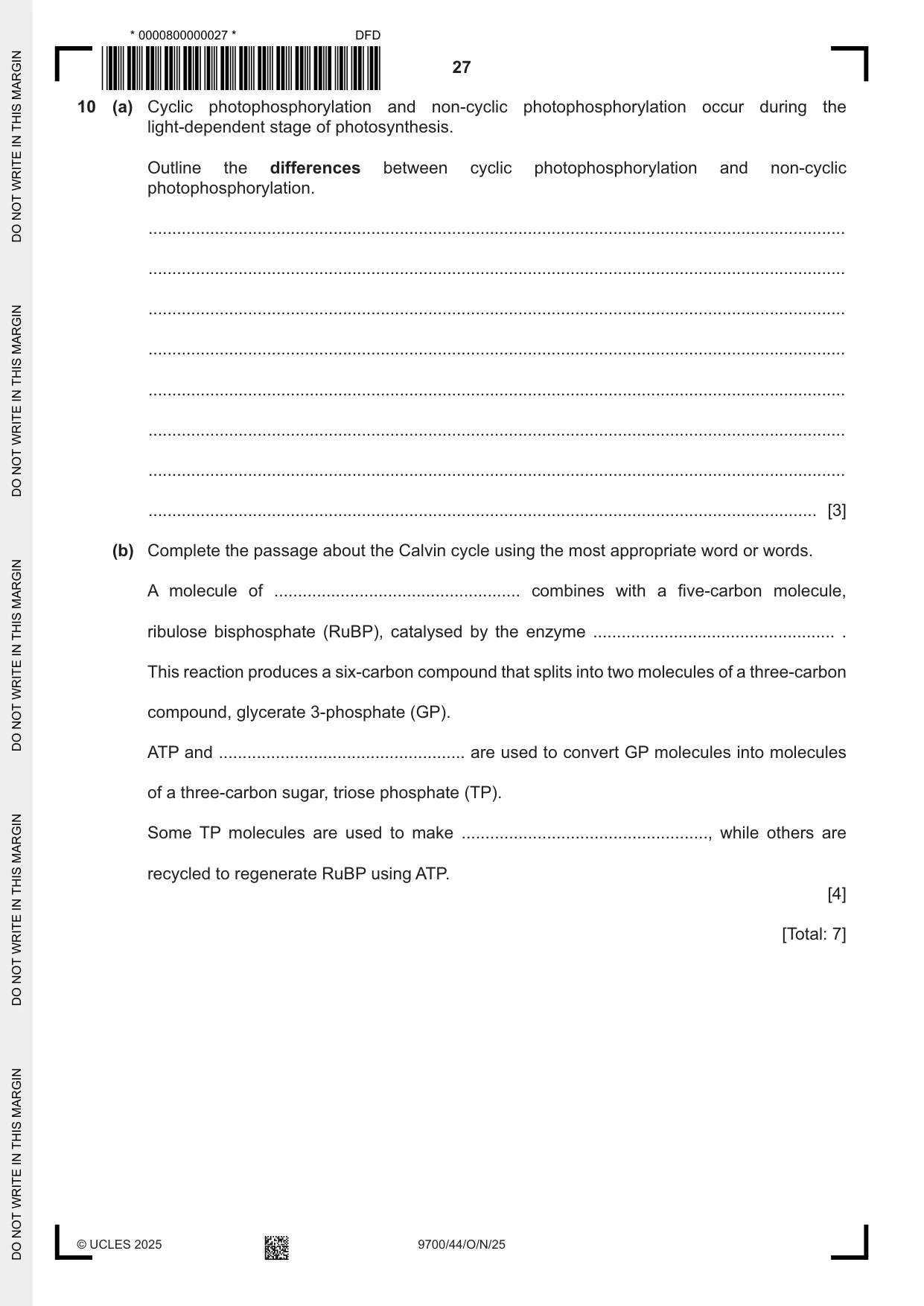 Cambridge A Level Biology 9700 2025 Oct/Nov Paper 4 · Variant 4 question paper, page 27 of 28
