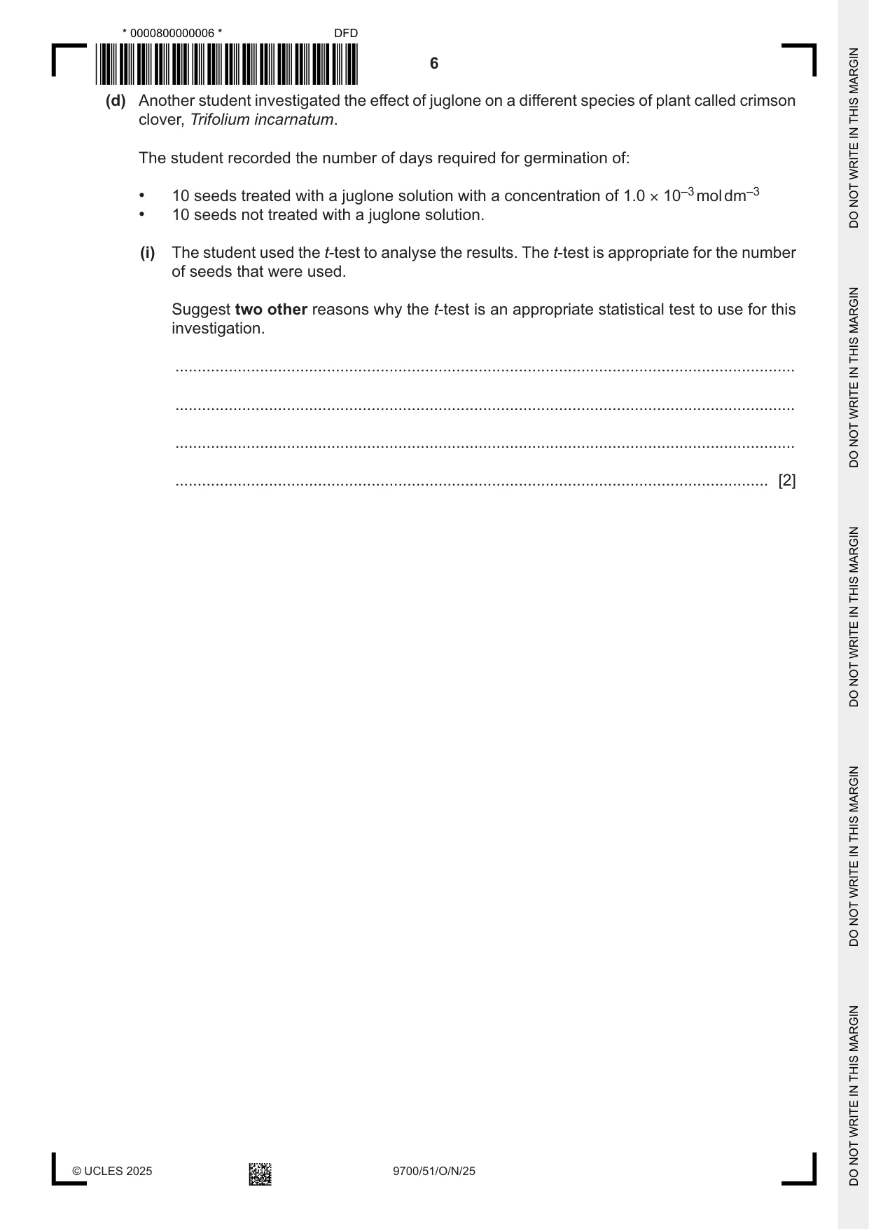 Cambridge A Level Biology 9700 2025 Oct/Nov Paper 5 · Variant 1 question paper, page 6 of 12