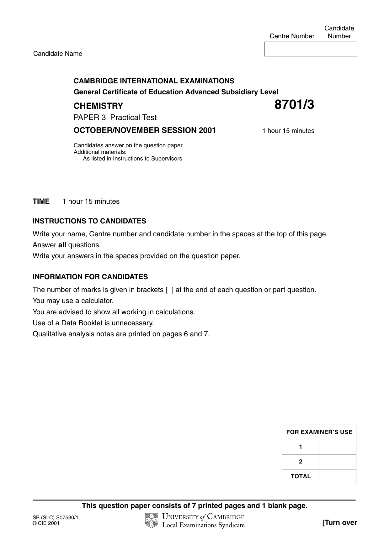 Cambridge A Level Chemistry 9701 2001 Oct/Nov Paper 3 · Variant 1 question paper, page 1 of 8
