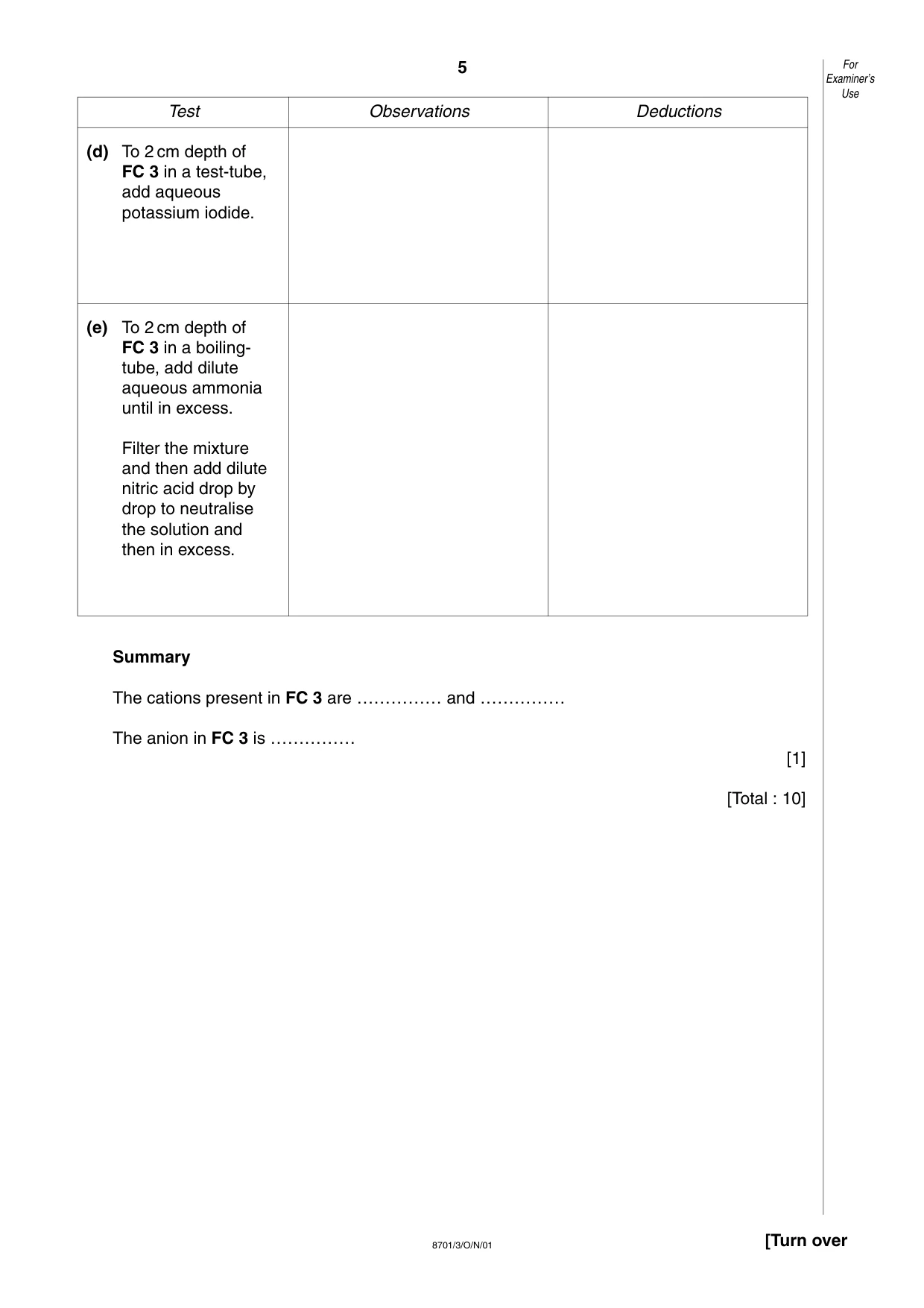 Cambridge A Level Chemistry 9701 2001 Oct/Nov Paper 3 · Variant 1 question paper, page 5 of 8