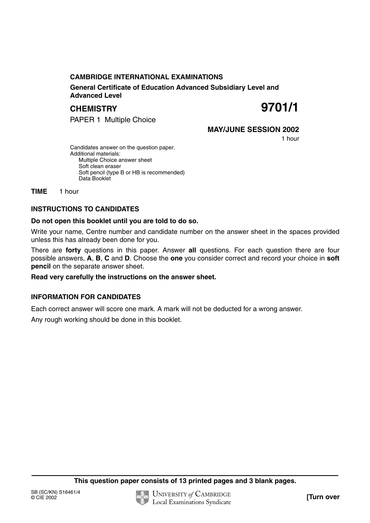 Cambridge A Level Chemistry 9701 2002 May/June Paper 1 · Variant 1 question paper, page 1 of 16