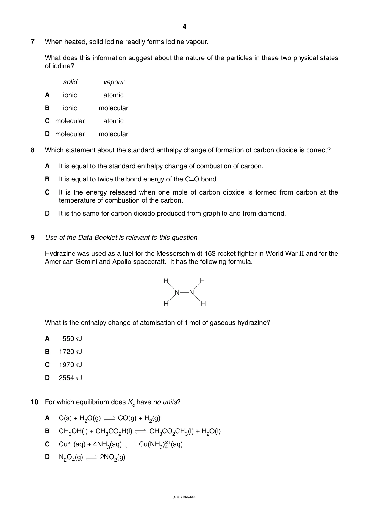 Cambridge A Level Chemistry 9701 2002 May/June Paper 1 · Variant 1 question paper, page 4 of 16