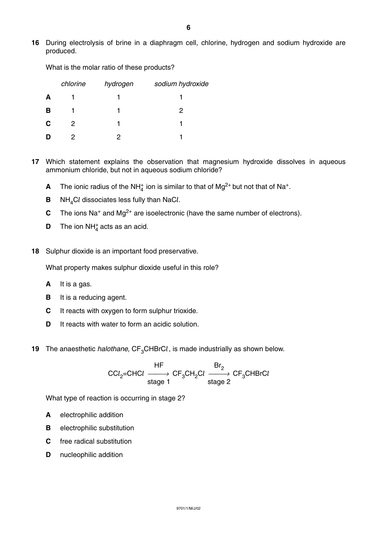 Cambridge A Level Chemistry 9701 2002 May/June Paper 1 · Variant 1 question paper, page 6 of 16