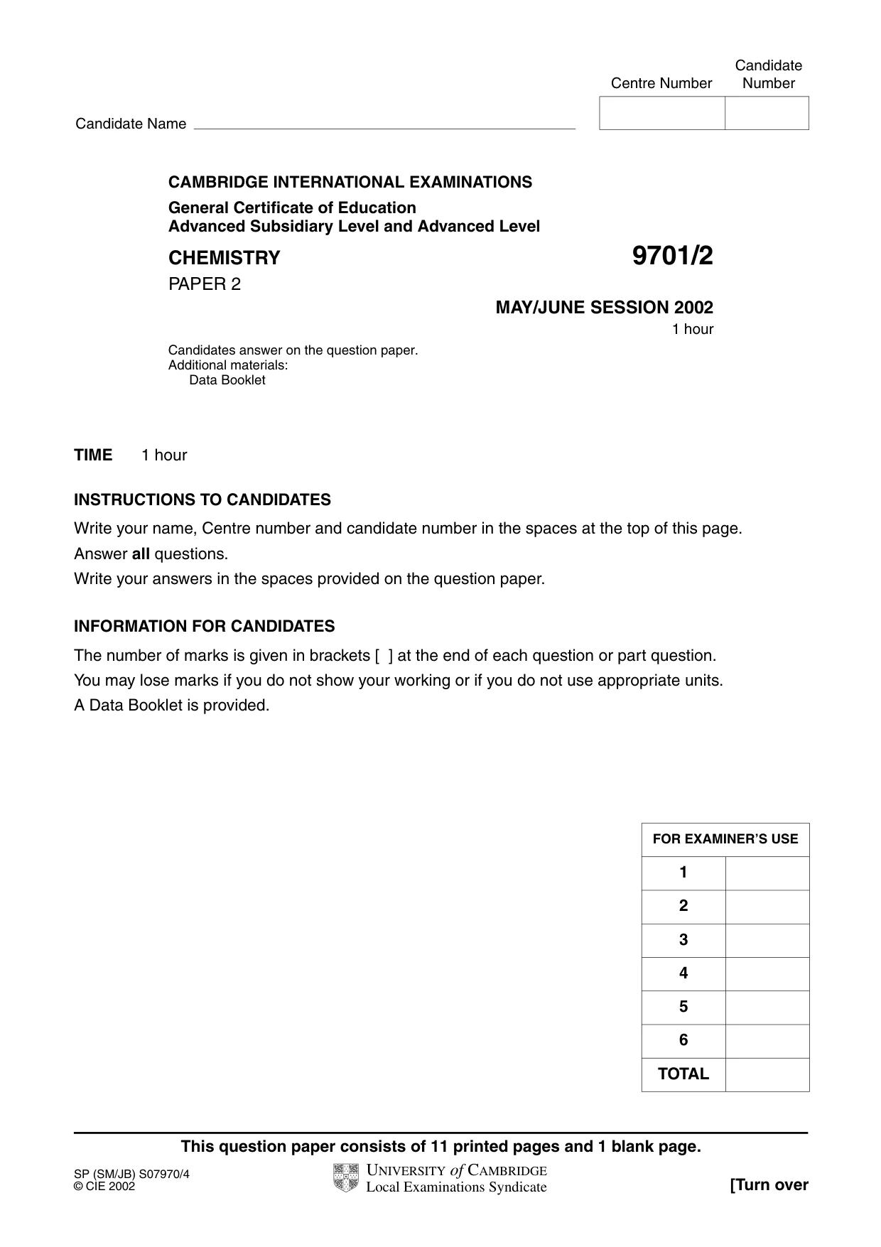 Cambridge A Level Chemistry 9701 2002 May/June Paper 2 · Variant 1 question paper, page 1 of 12