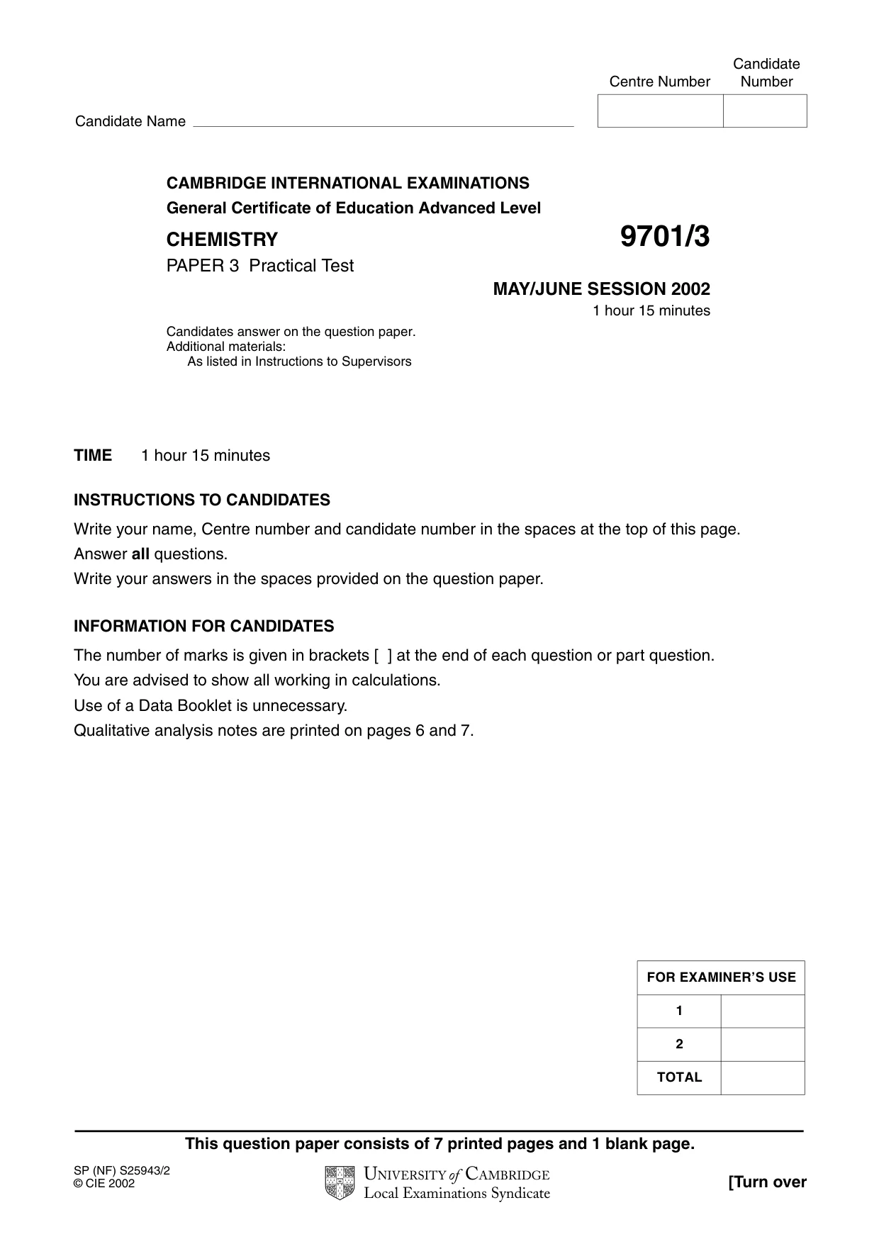 Cambridge A Level Chemistry 9701 2002 May/June Paper 3 · Variant 1 question paper, page 1 of 8