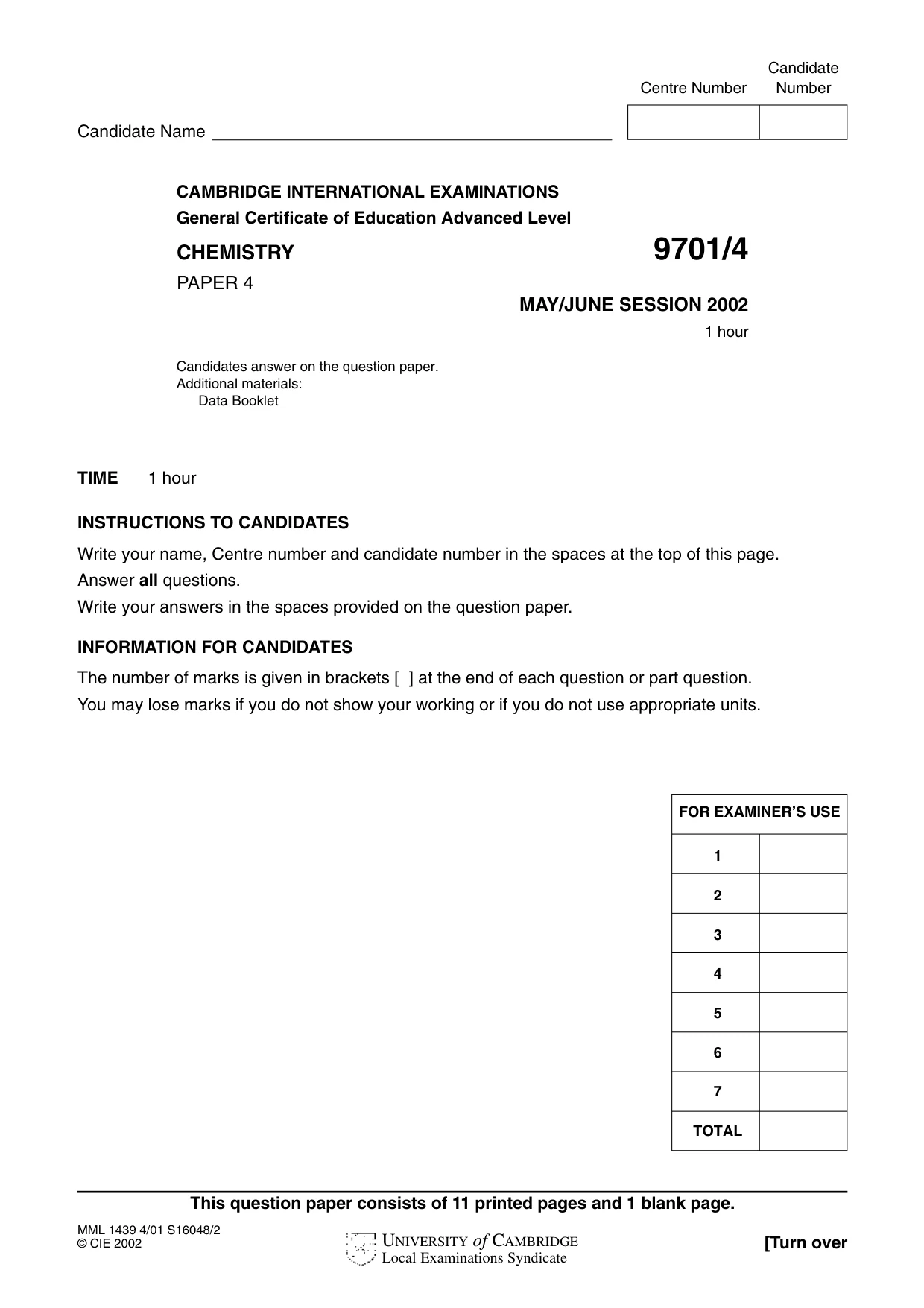 Cambridge A Level Chemistry 9701 2002 May/June Paper 4 · Variant 1 question paper, page 1 of 12