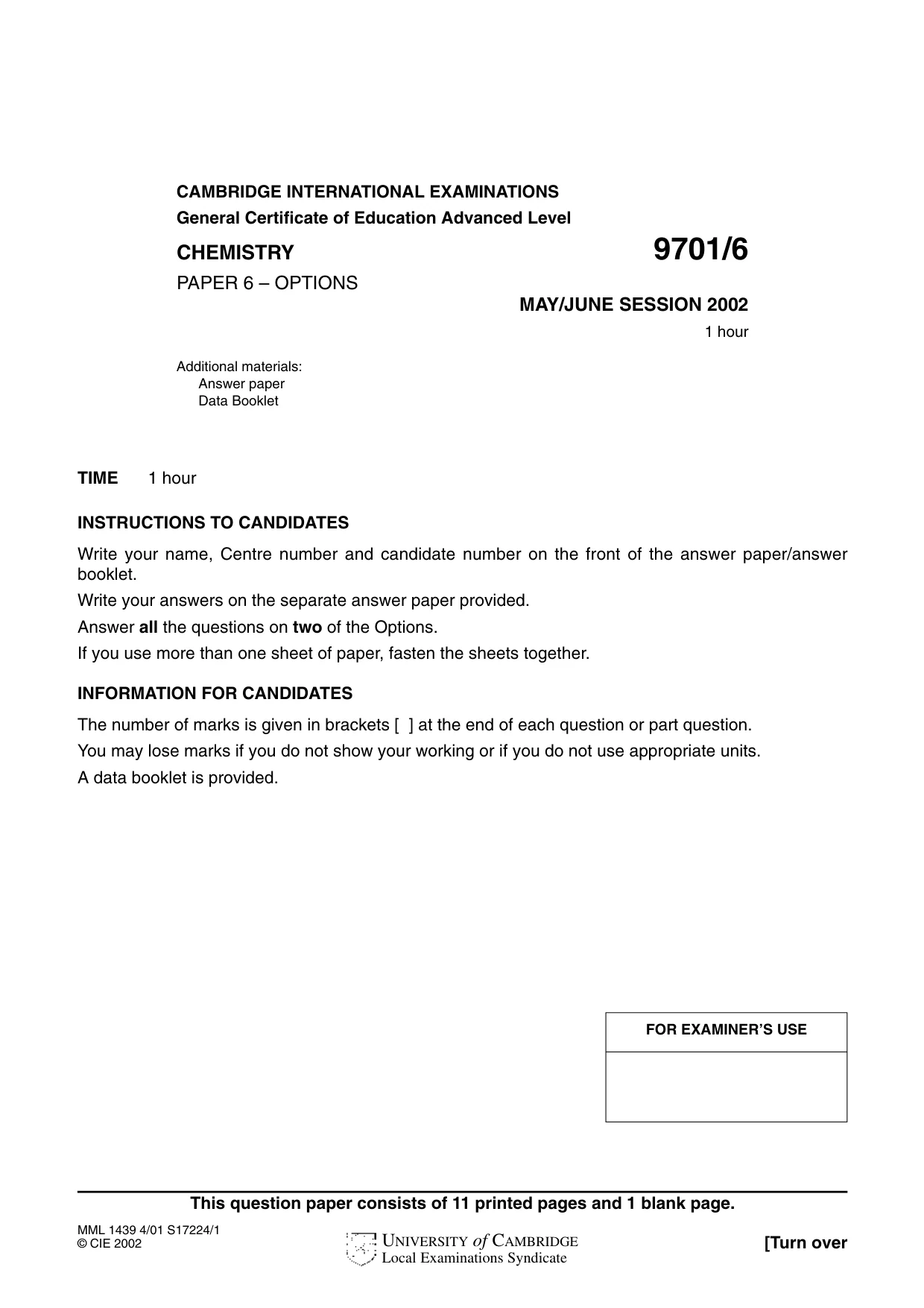 Cambridge A Level Chemistry 9701 2002 May/June Paper 6 · Variant 1 question paper, page 1 of 12