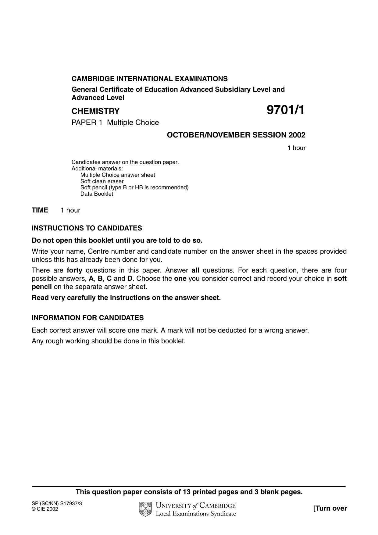 Cambridge A Level Chemistry 9701 2002 Oct/Nov Paper 1 · Variant 1 question paper, page 1 of 16
