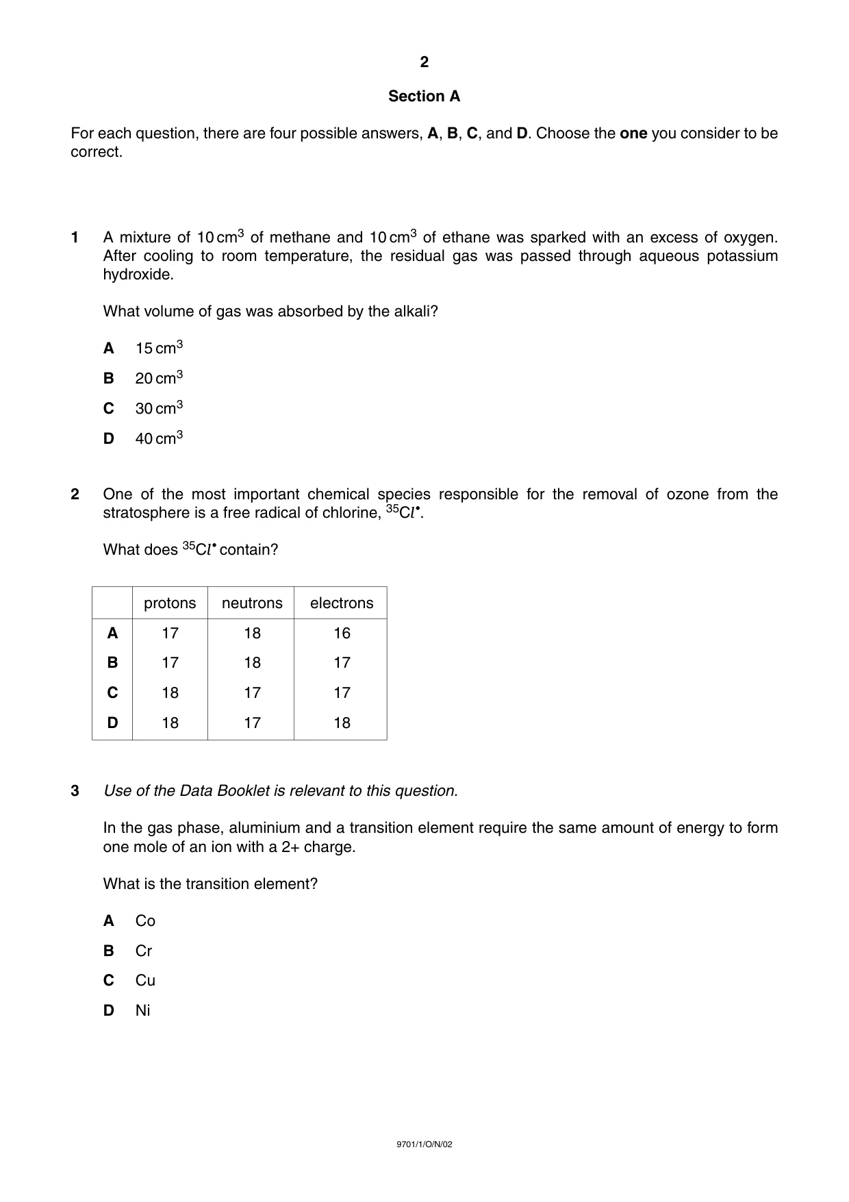 Cambridge A Level Chemistry 9701 2002 Oct/Nov Paper 1 · Variant 1 question paper, page 2 of 16