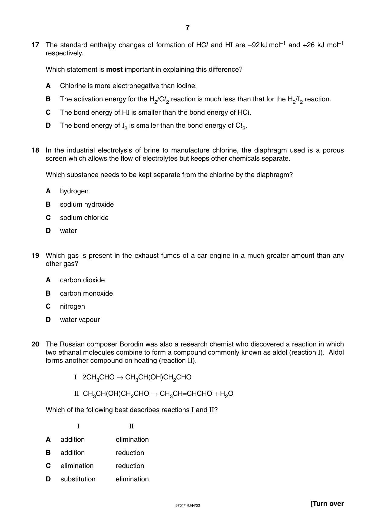 Cambridge A Level Chemistry 9701 2002 Oct/Nov Paper 1 · Variant 1 question paper, page 7 of 16