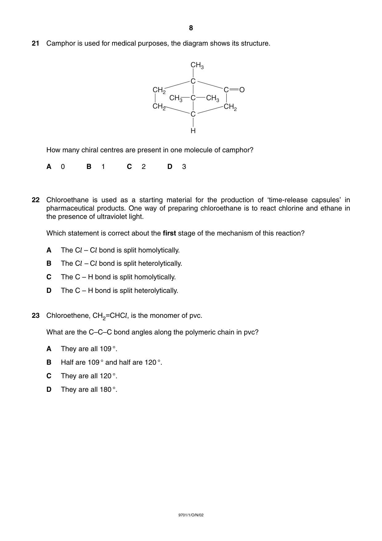 Cambridge A Level Chemistry 9701 2002 Oct/Nov Paper 1 · Variant 1 question paper, page 8 of 16