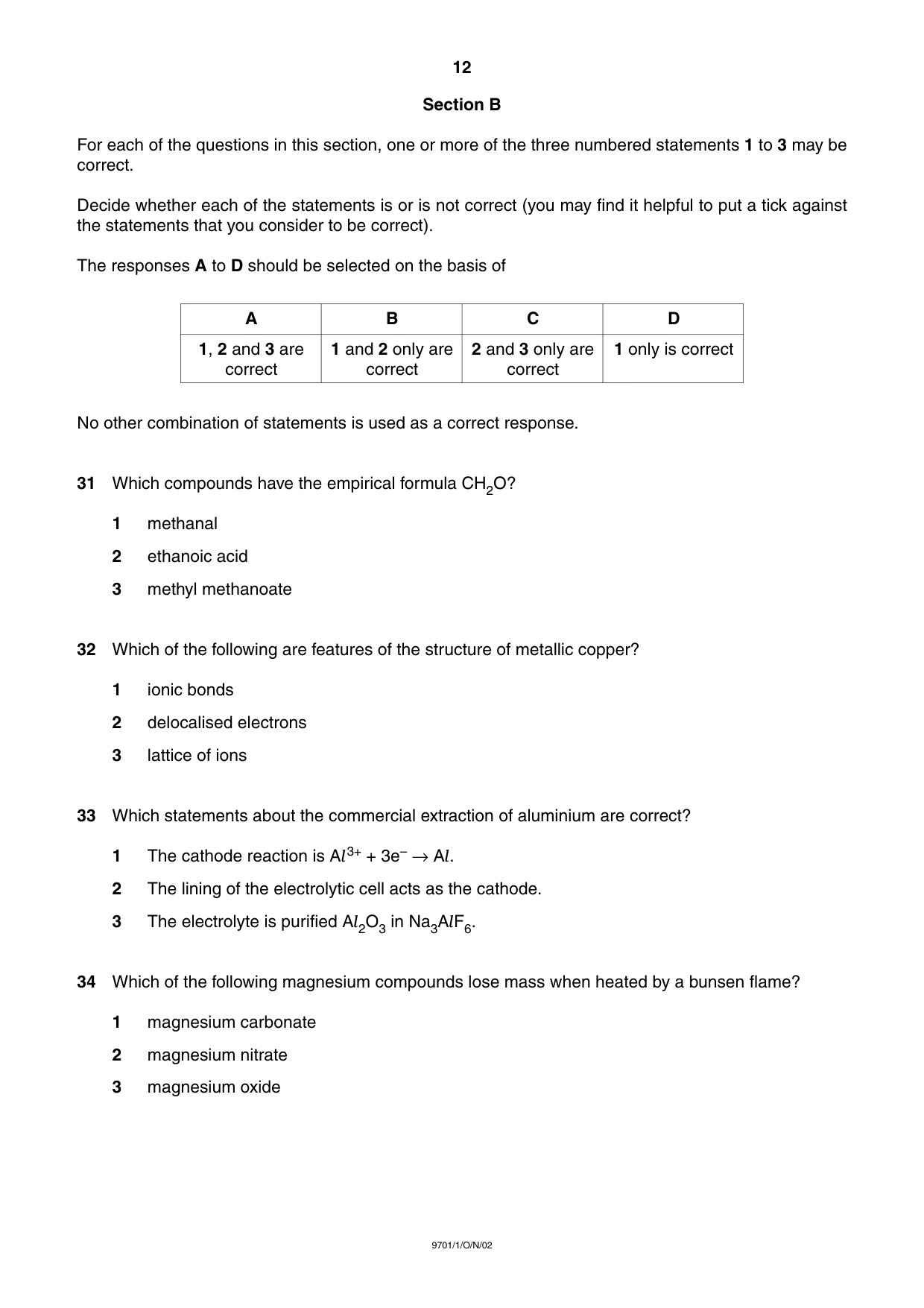 Cambridge A Level Chemistry 9701 2002 Oct/Nov Paper 1 · Variant 1 question paper, page 12 of 16