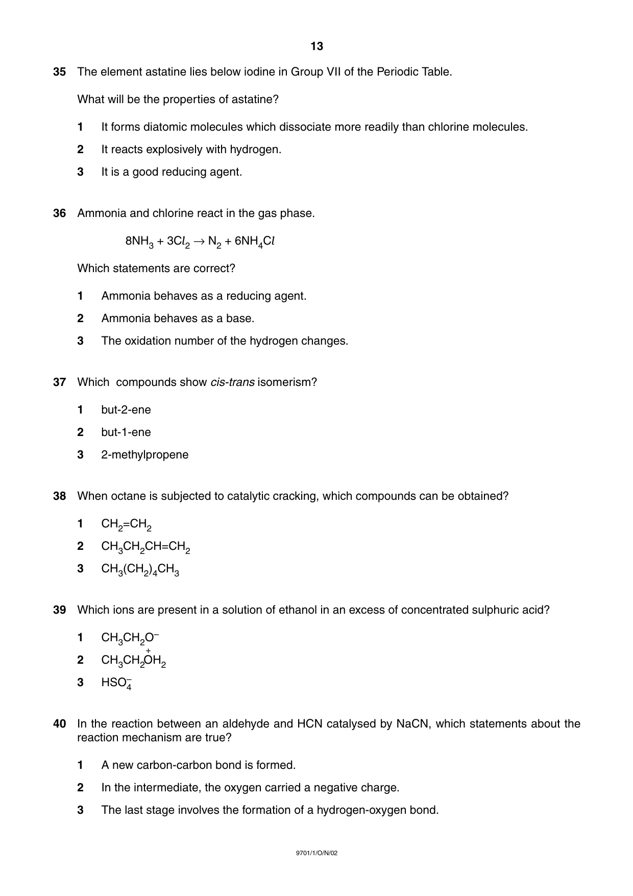 Cambridge A Level Chemistry 9701 2002 Oct/Nov Paper 1 · Variant 1 question paper, page 13 of 16