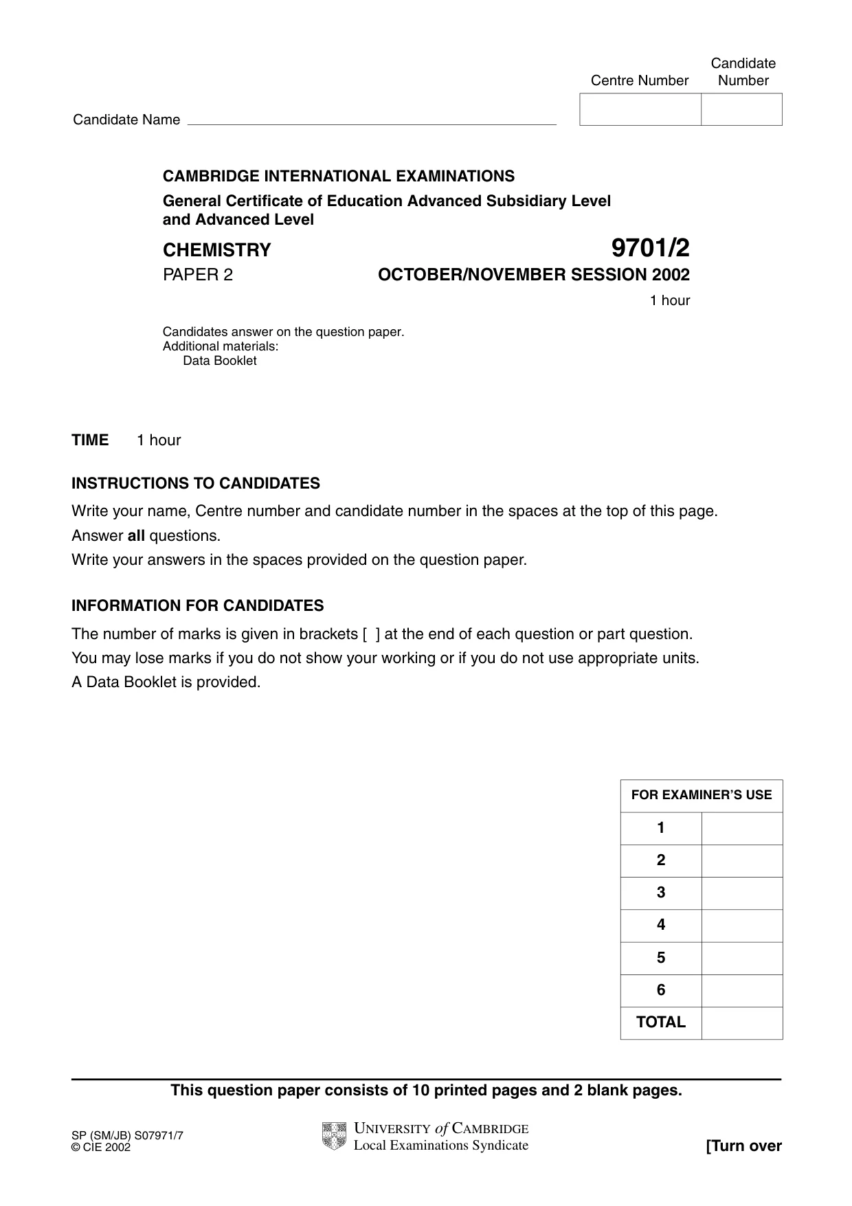 Cambridge A Level Chemistry 9701 2002 Oct/Nov Paper 2 · Variant 1 question paper, page 1 of 12