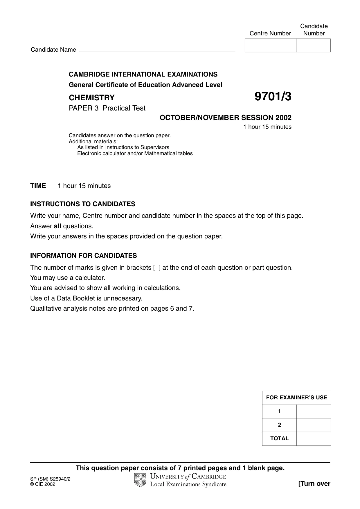Cambridge A Level Chemistry 9701 2002 Oct/Nov Paper 3 · Variant 1 question paper, page 1 of 8