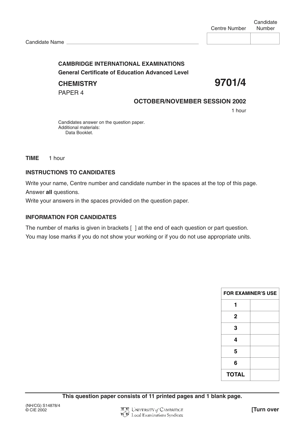 Cambridge A Level Chemistry 9701 2002 Oct/Nov Paper 4 · Variant 1 question paper, page 1 of 12