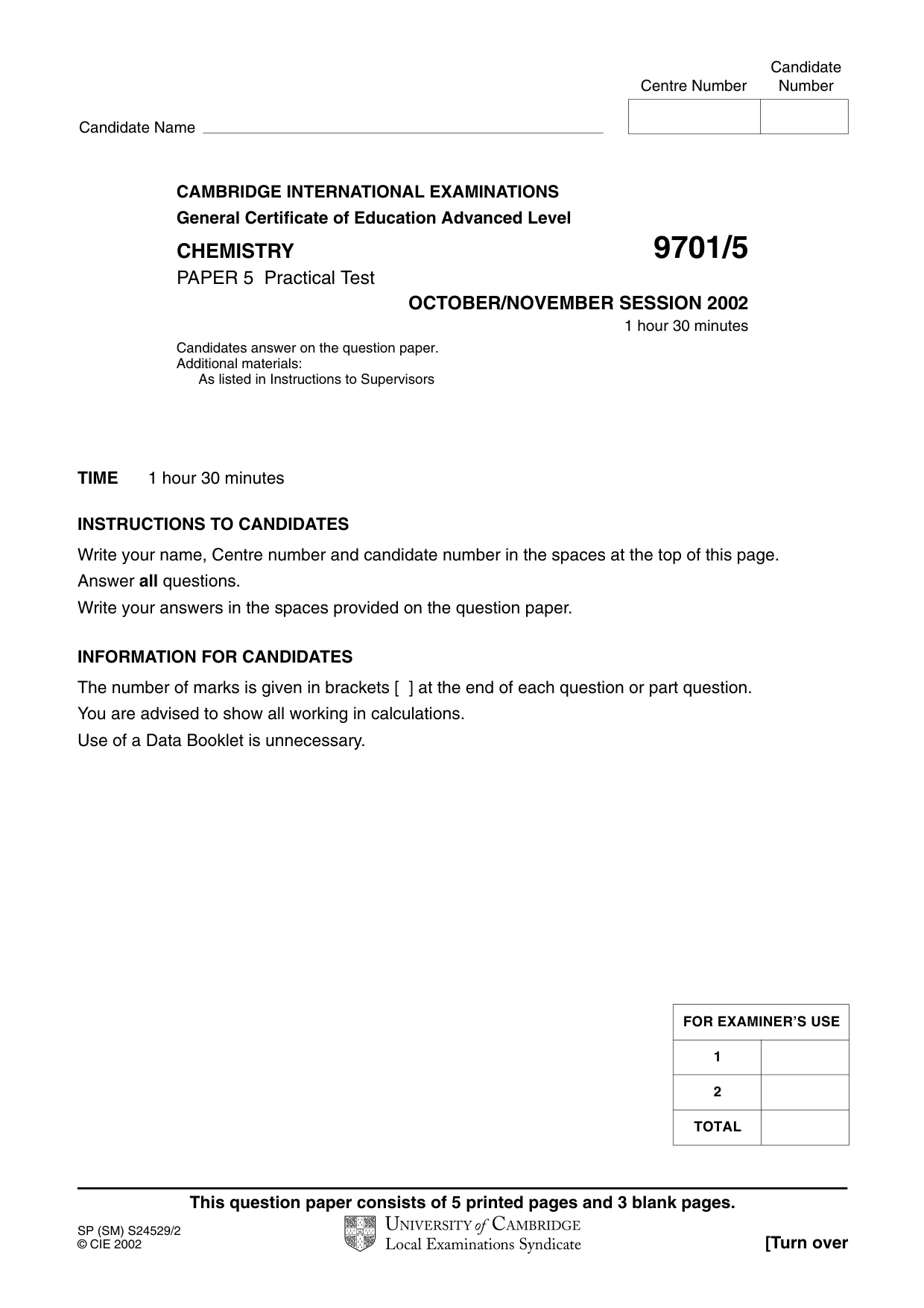 Cambridge A Level Chemistry 9701 2002 Oct/Nov Paper 5 · Variant 1 question paper, page 1 of 8