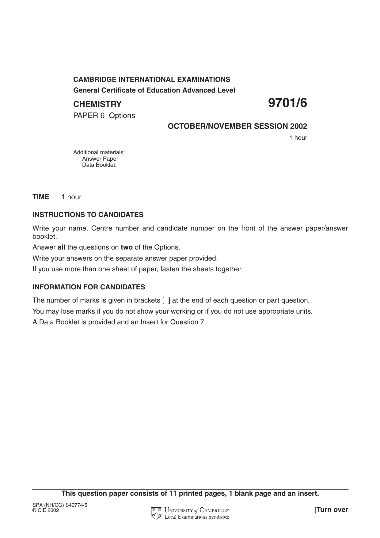 Cambridge A Level Chemistry 9701 2002 Oct/Nov Paper 6 · Variant 1 question paper, page 1 of 14