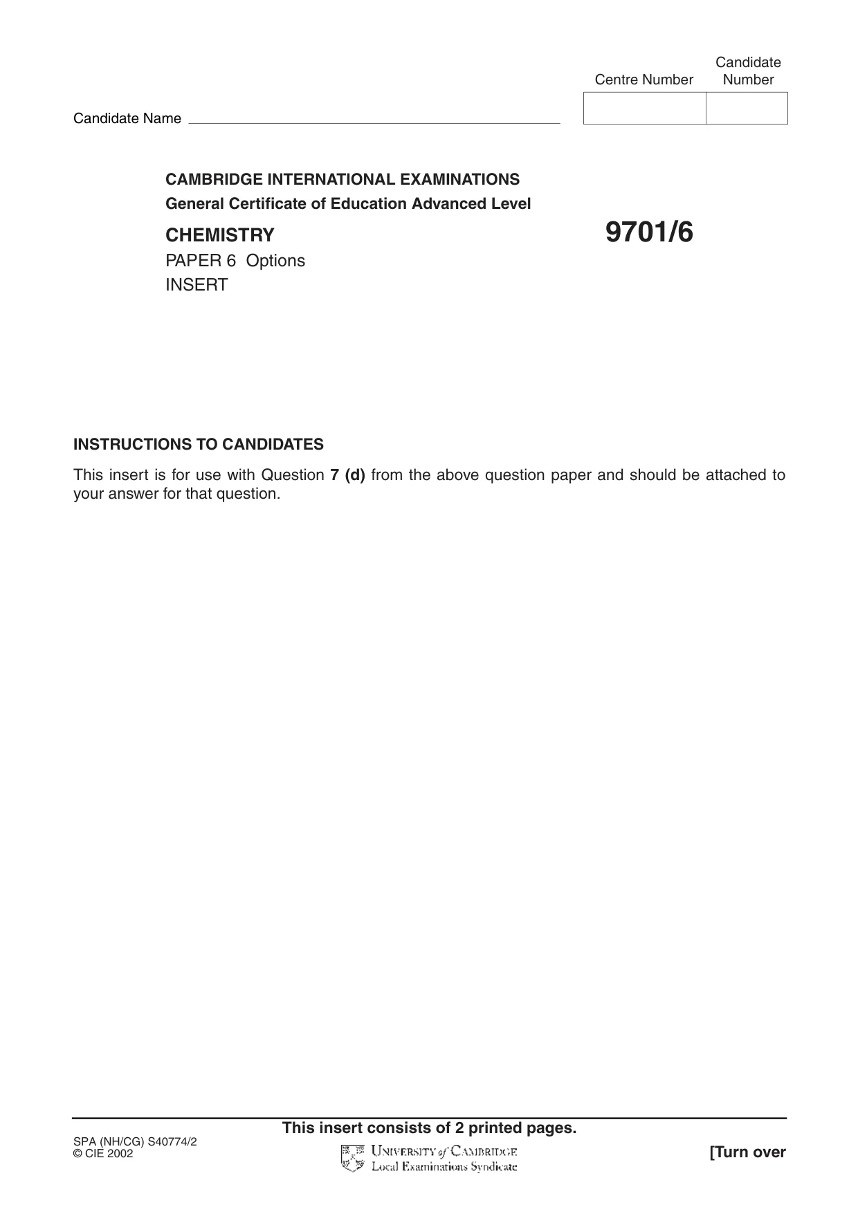 Cambridge A Level Chemistry 9701 2002 Oct/Nov Paper 6 · Variant 1 question paper, page 13 of 14