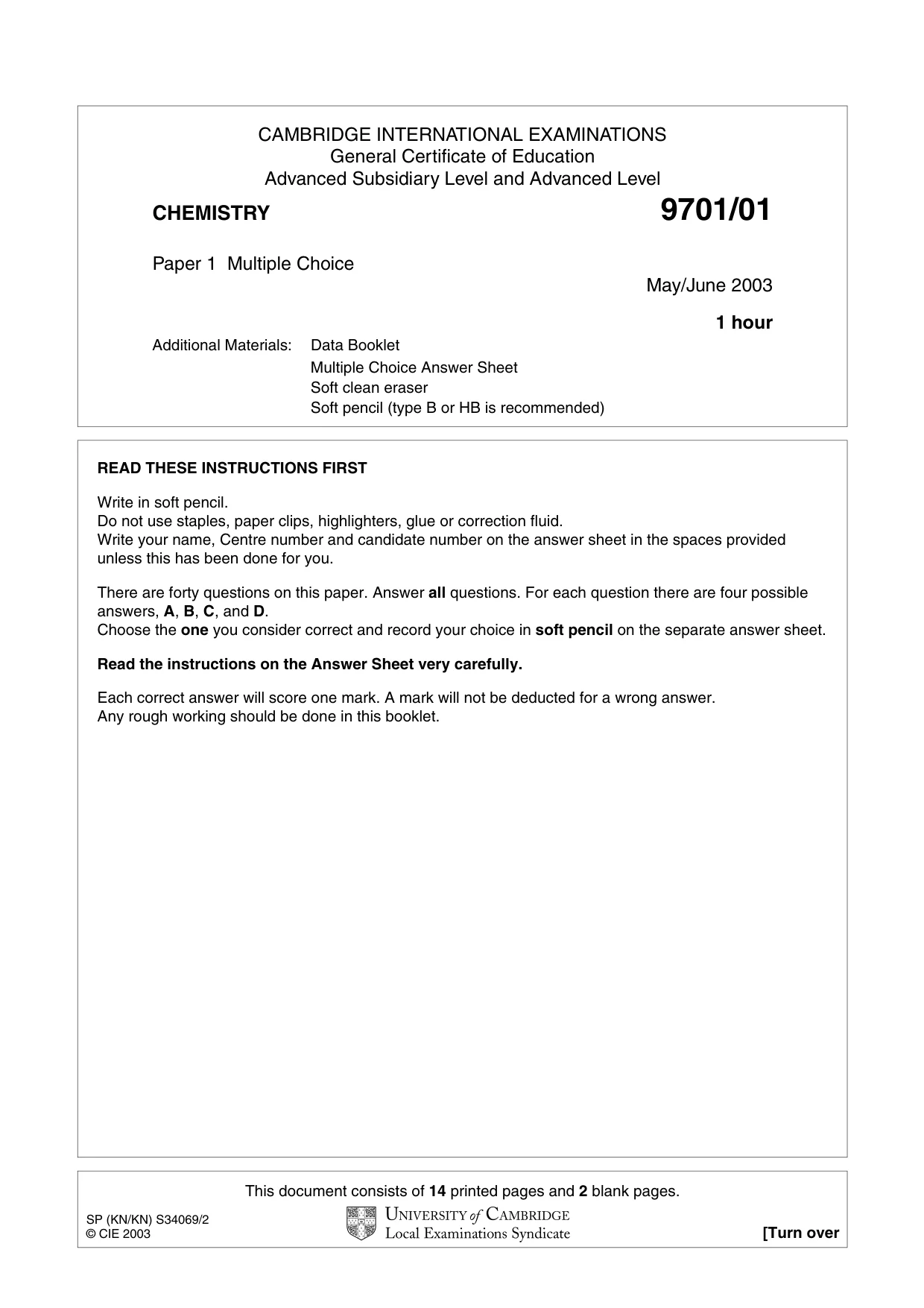 Cambridge A Level Chemistry 9701 2003 May/June Paper 1 · Variant 1 question paper, page 1 of 16