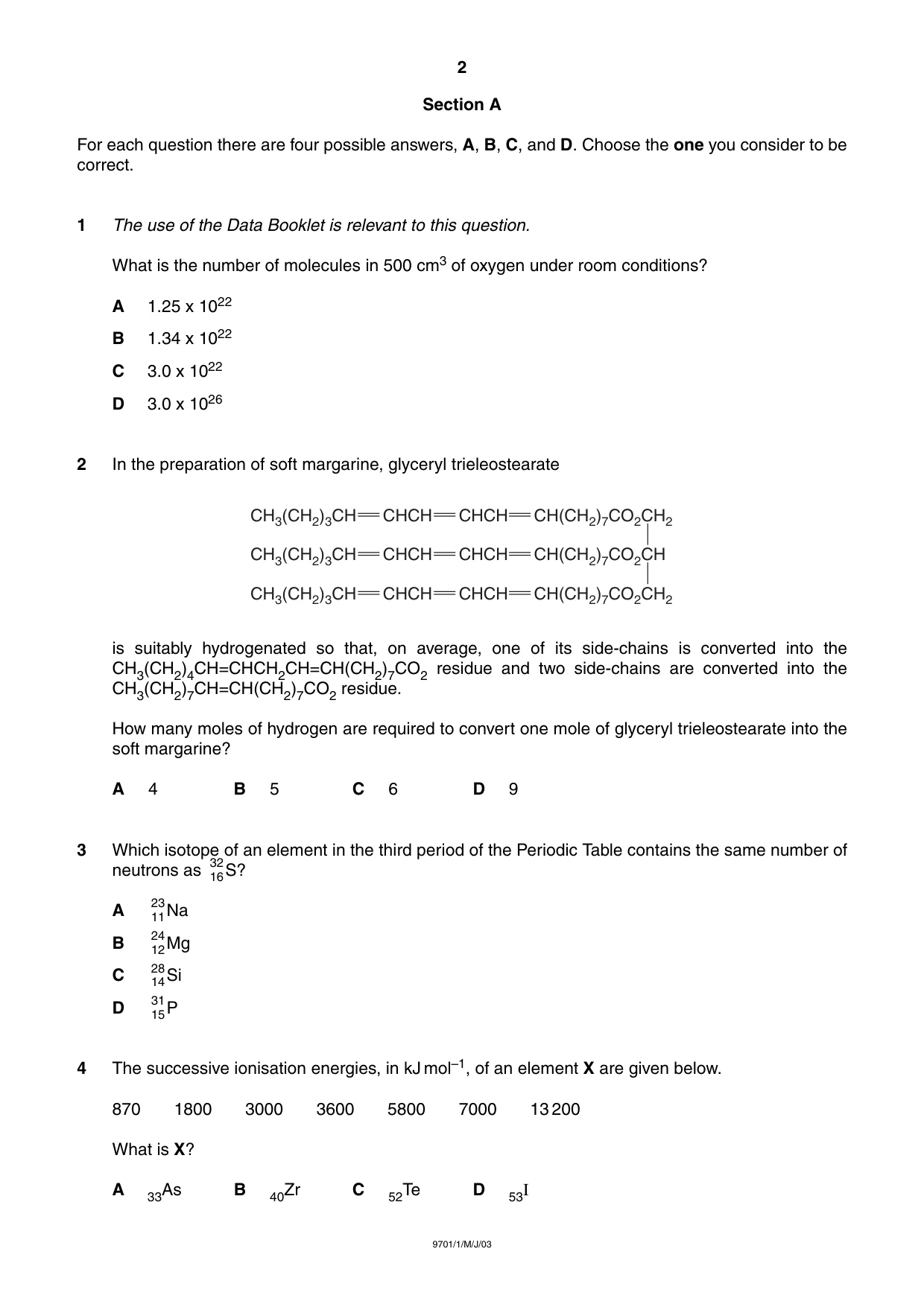 Cambridge A Level Chemistry 9701 2003 May/June Paper 1 · Variant 1 question paper, page 2 of 16