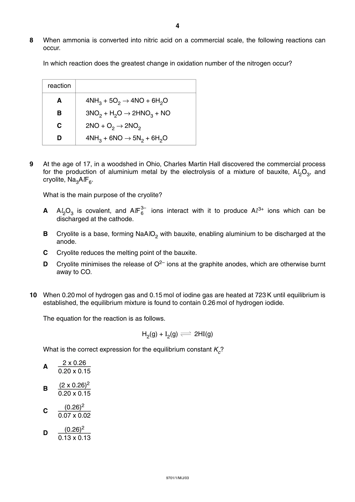 Cambridge A Level Chemistry 9701 2003 May/June Paper 1 · Variant 1 question paper, page 4 of 16
