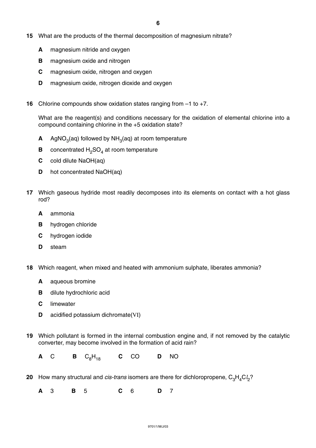 Cambridge A Level Chemistry 9701 2003 May/June Paper 1 · Variant 1 question paper, page 6 of 16